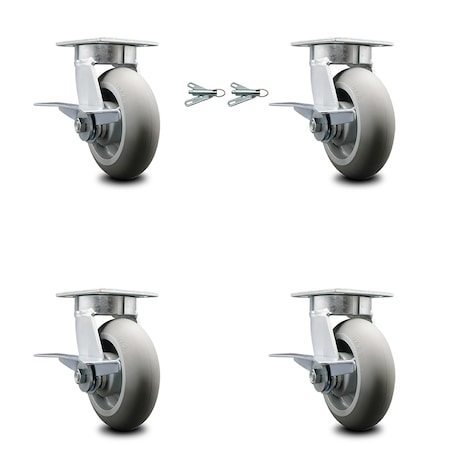 Service Caster 6 Inch Kingpinless Thermoplastic Rubber Wheel Caster Brakes 2 Swivel Locks, 4PK SCC-KP30S620-TPRRD-SLB-BSL-2-SLB-2